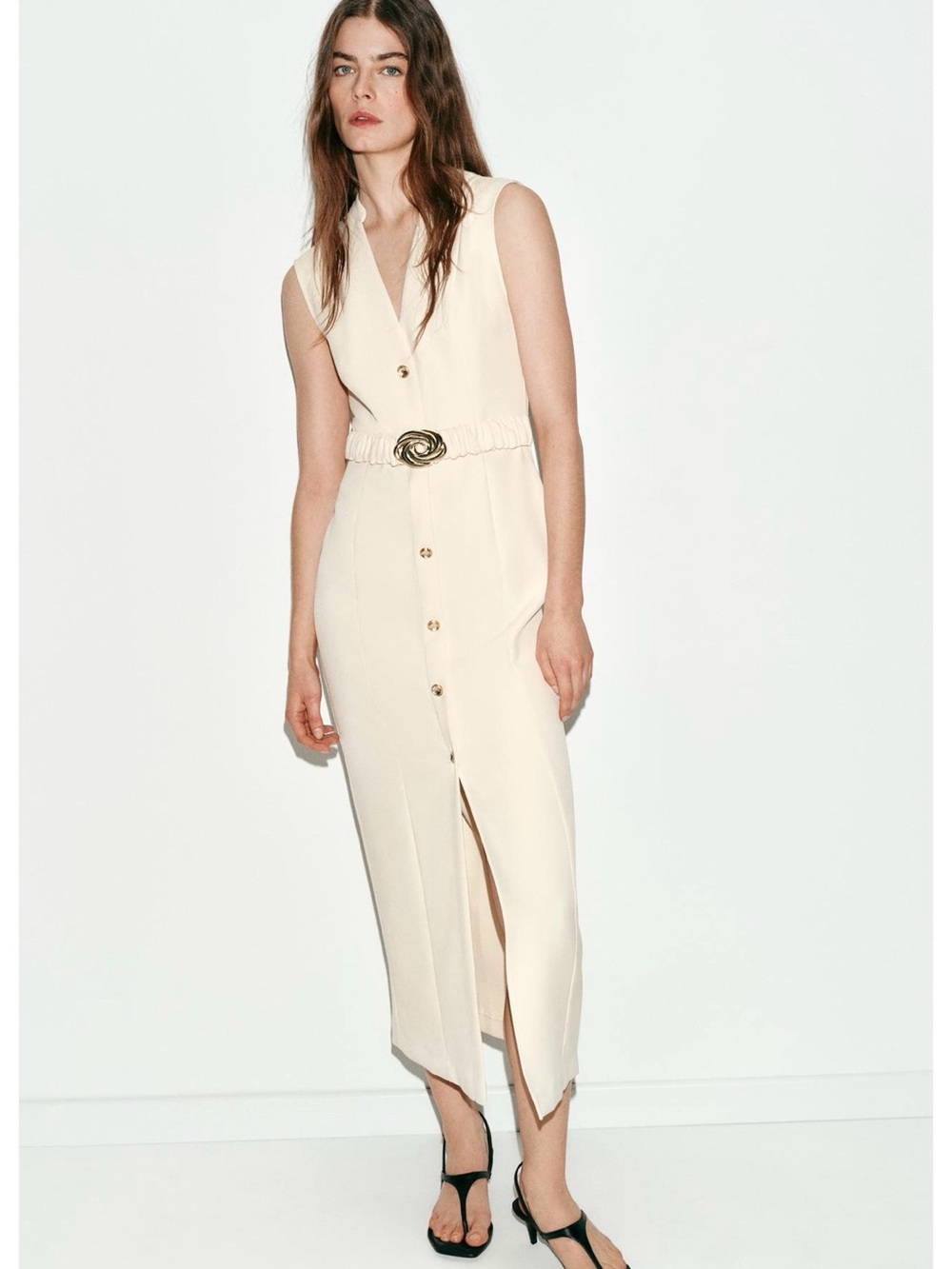 Zara Belted Cream Sleeveless Button-Front Midi Dress |NWT| M